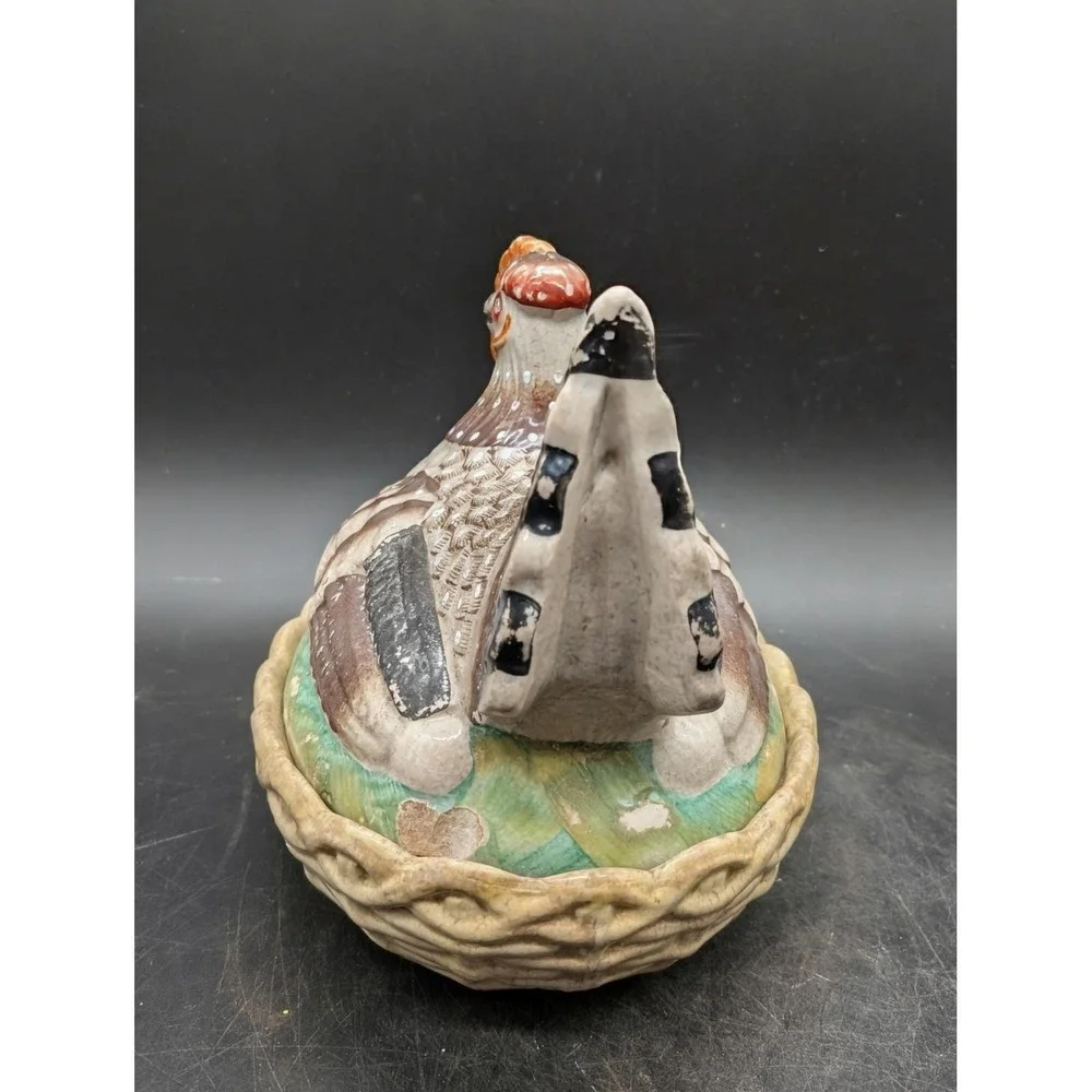 Antique Staffordshire Ceramic Hen on Nest Covered Dish Hand Painted As Is 6